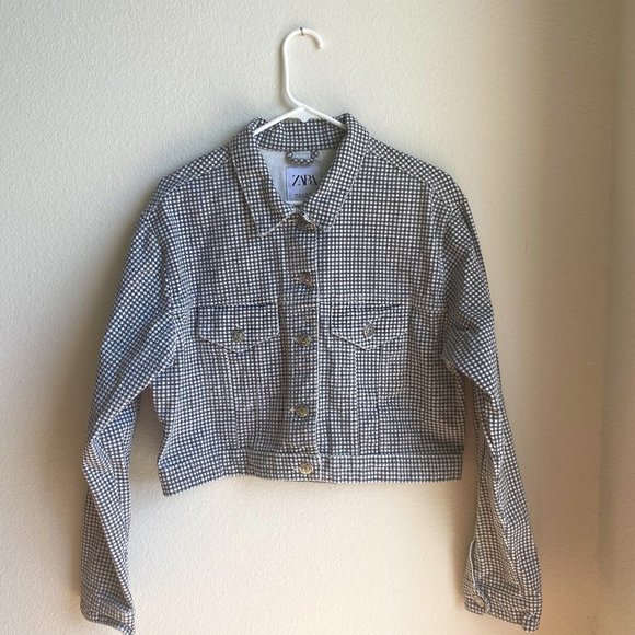 Zara Jackets & Blazers - ZARA Denim Checkered Womens Jacket Gray White